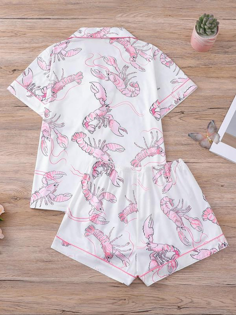 Charming Women's Cartoon Turtle & Lobster Print Pajama Set – Comfy Elastic Waist Shorts & Short Sleeve Top for Summer Lounging