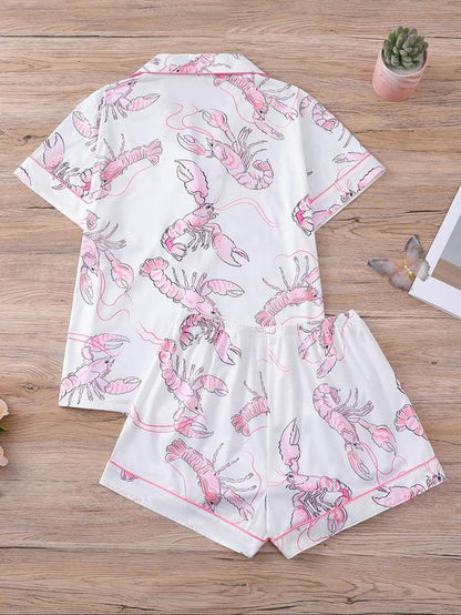 Charming Women's Cartoon Turtle & Lobster Print Pajama Set – Comfy Elastic Waist Shorts & Short Sleeve Top for Summer Lounging