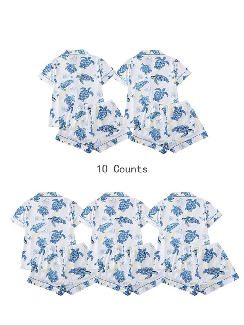 Charming Women's Cartoon Turtle & Lobster Print Pajama Set – Comfy Elastic Waist Shorts & Short Sleeve Top for Summer Lounging
