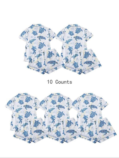 Charming Women's Cartoon Turtle & Lobster Print Pajama Set – Comfy Elastic Waist Shorts & Short Sleeve Top for Summer Lounging