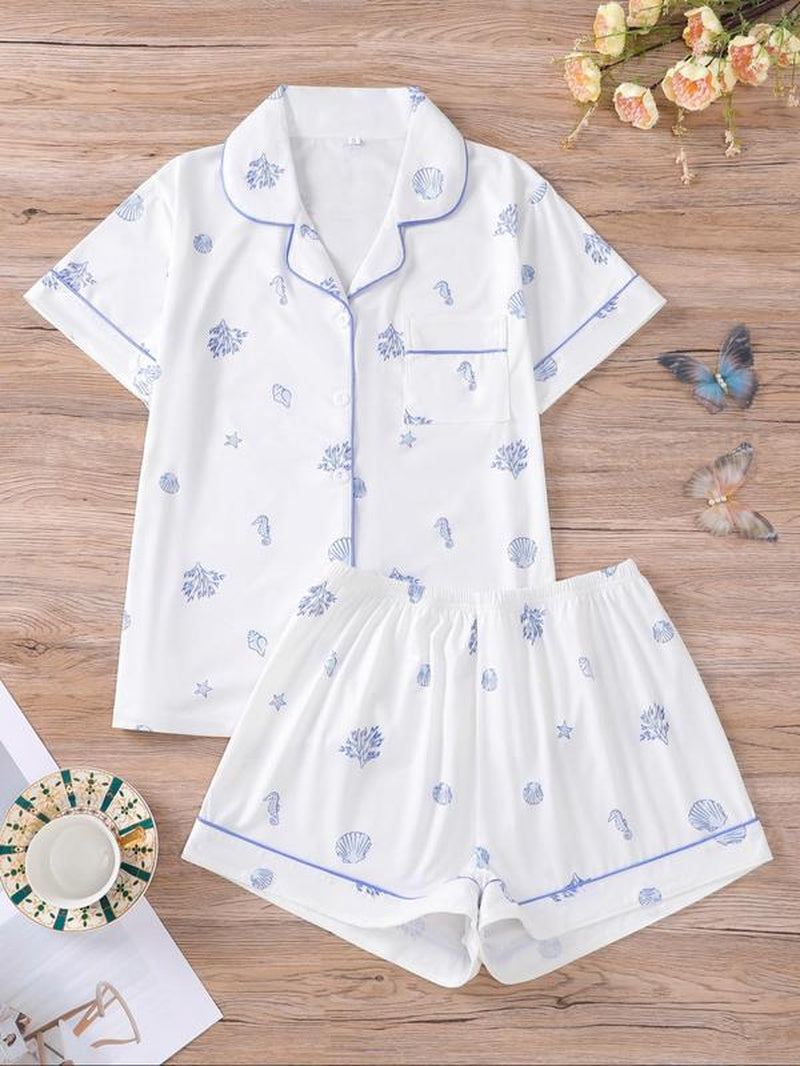 Charming Women's Cartoon Turtle & Lobster Print Pajama Set – Comfy Elastic Waist Shorts & Short Sleeve Top for Summer Lounging