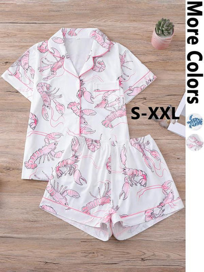 Charming Women's Cartoon Turtle & Lobster Print Pajama Set – Comfy Elastic Waist Shorts & Short Sleeve Top for Summer Lounging