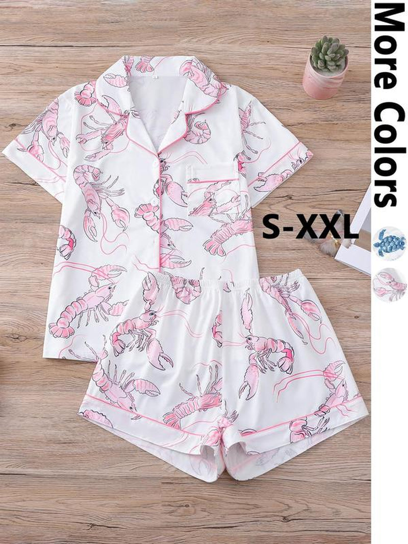 Charming Women's Cartoon Turtle & Lobster Print Pajama Set – Comfy Elastic Waist Shorts & Short Sleeve Top for Summer Lounging