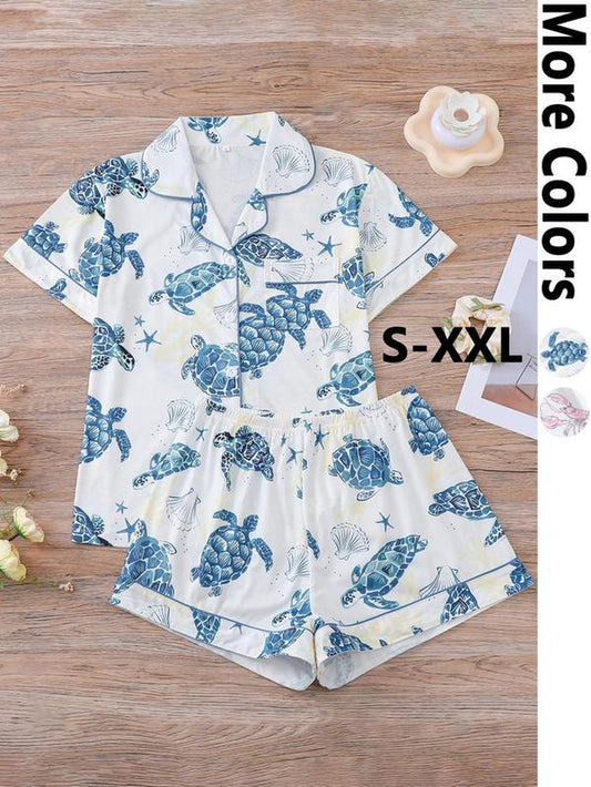 Charming Women's Cartoon Turtle & Lobster Print Pajama Set – Comfy Elastic Waist Shorts & Short Sleeve Top for Summer Lounging