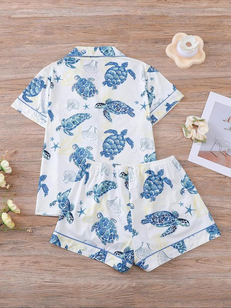Charming Women's Cartoon Turtle & Lobster Print Pajama Set – Comfy Elastic Waist Shorts & Short Sleeve Top for Summer Lounging