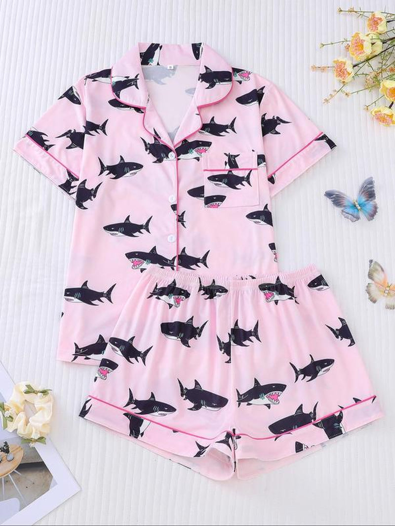 Charming Women's Cartoon Turtle & Lobster Print Pajama Set – Comfy Elastic Waist Shorts & Short Sleeve Top for Summer Lounging