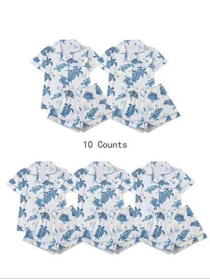 Charming Women's Cartoon Turtle & Lobster Print Pajama Set – Comfy Elastic Waist Shorts & Short Sleeve Top for Summer Lounging