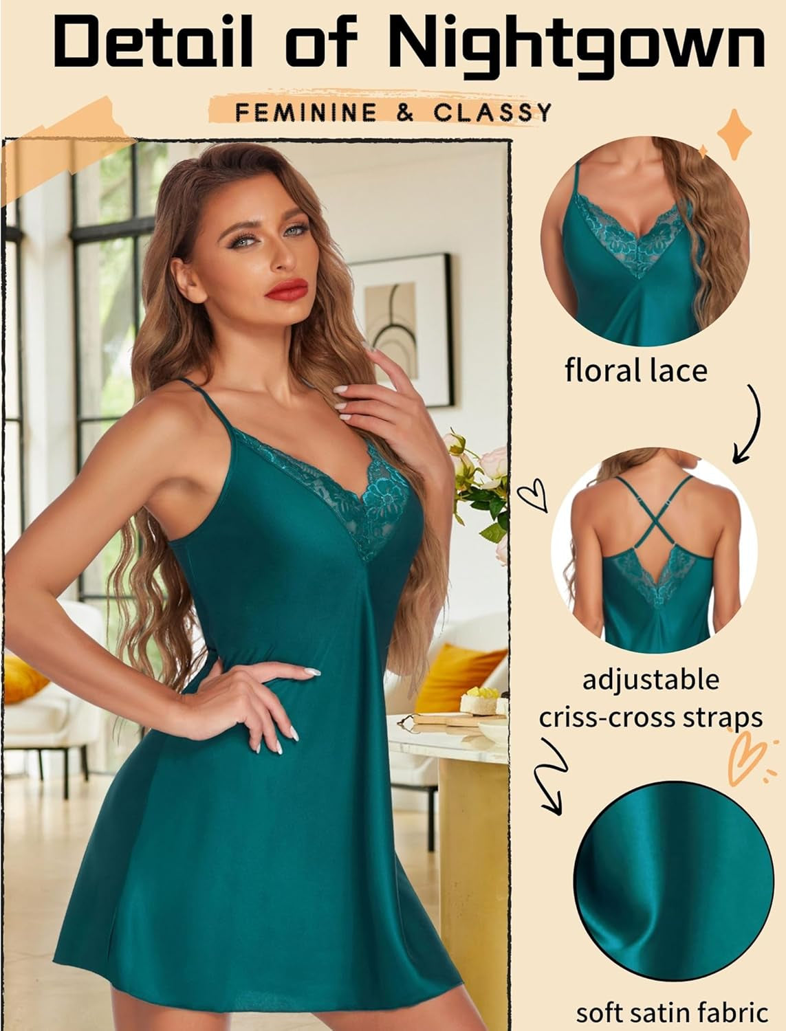 Indulge in Elegance: Silk V Neck Nightgown for Women - Sexy Lace Babydoll Sleepwear Dress