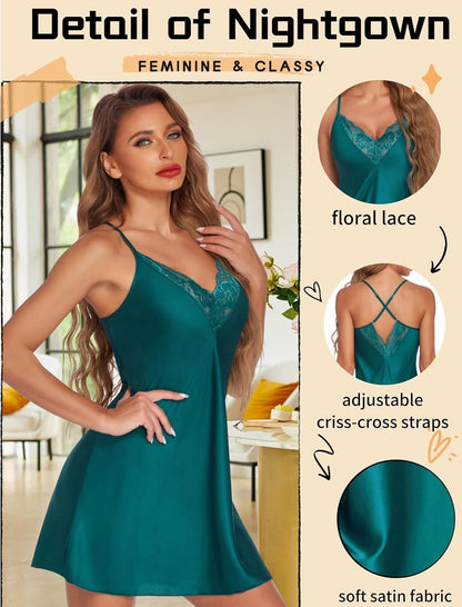 Indulge in Elegance: Silk V Neck Nightgown for Women - Sexy Lace Babydoll Sleepwear Dress