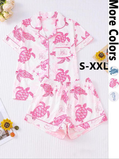 Charming Women's Cartoon Turtle & Lobster Print Pajama Set – Comfy Elastic Waist Shorts & Short Sleeve Top for Summer Lounging